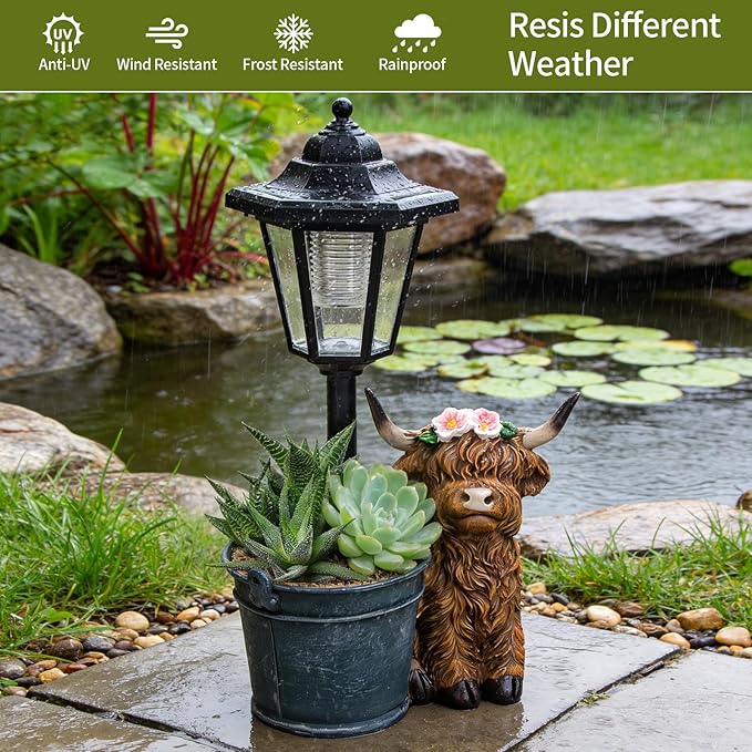 Solar Highland Cow Outdoor Statue, Garden Decor with Flowerpot & Lantern Highland Cow Figurines for Yard Art Lawn Ornaments Porch Patio Balcony - Gifts for Women Mom