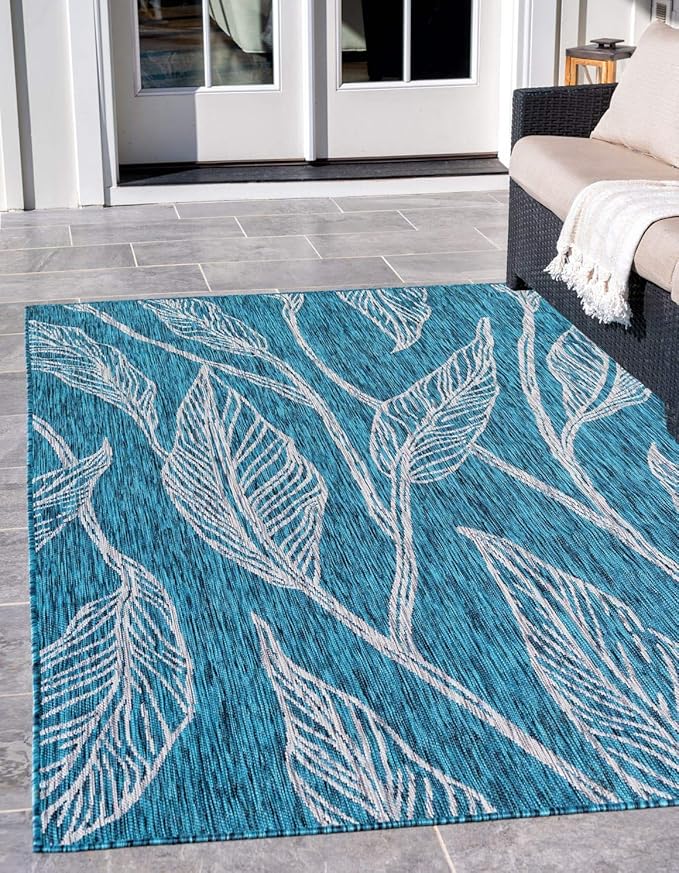 Unique Loom Outdoor Botanical Collection Area Rug - Leaf (8' x 11' 4" Rectangle, Teal/ Ivory)