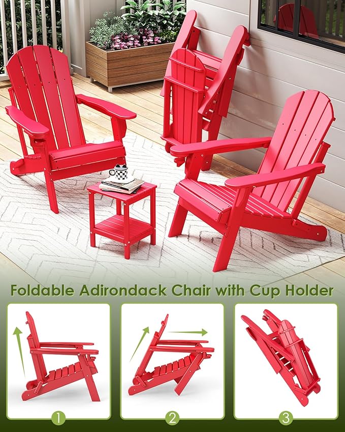 GREENVINES Folding-Adirondack-Chairs-Set-of-2 | HDPE Plastic | Fire Pit Chair | All Weather | Cup Holder | Red | for Deck Backyard Patio Outdoor Garden