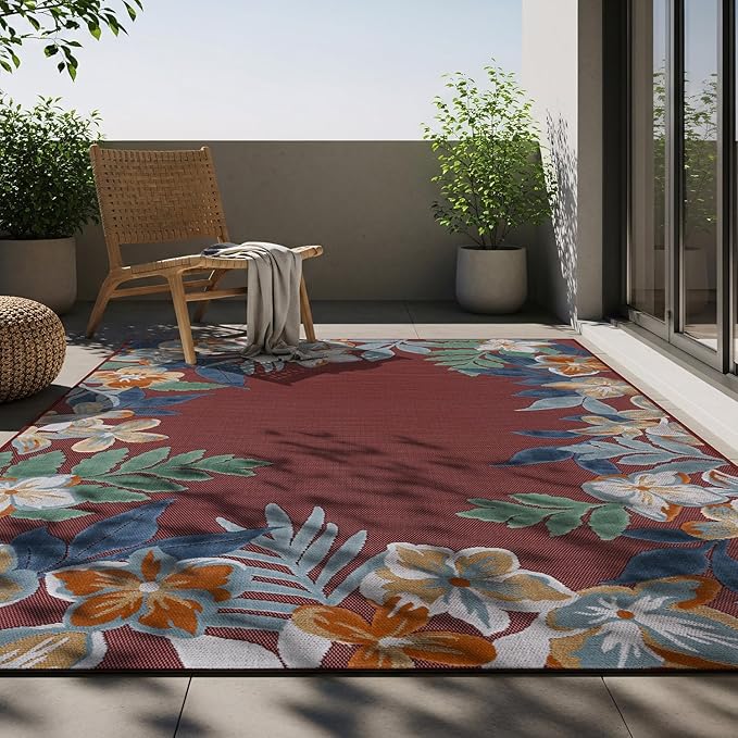 Outdoor Rug 8x10 Washable Area Rugs Indoor Outdoor Carpets Red Border Floral Non Shedding Waterproof Easy Clean Patio Deck Porch Living Room Bedroom Garden RV (8 X 10 Red)