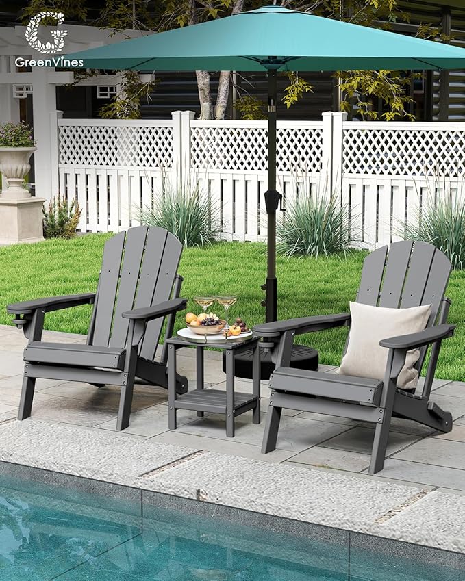 GREENVINES Folding-Adirondack-Chairs-Set-of-6 | HDPE Plastic | Fire Pit Chair | All Weather | Cup Holder | Grey | for Deck Backyard Patio Outdoor Garden