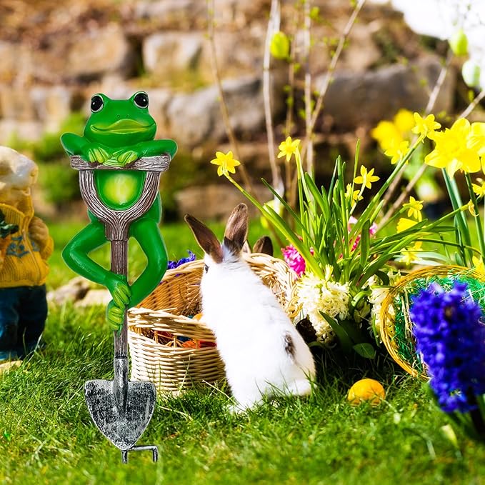 Frog Garden Statue Resin Frog Planter Figurine Holding Shovel Outdoor Fairy Garden Patio Yard Lawn Decoration Whimsical Plant Pots Stake Decor Sculpture Miniature Animal Ornament Housewarming Gift