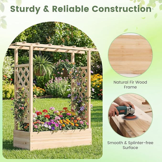 Raised Garden Bed with Trellis, Wood Planter Box w/Trellis, Hanging Roof, Drainage Holes, Freestanding Planter Raised Bed for Outdoor Climbing Plants Flowers, Patio Yard Balcony (1, Natural)