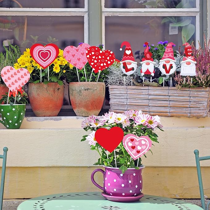 Bucherry 12 Pcs Valentine's Day Love Gnome and Heart Shape Planter Stakes Valentines Day Decorative Garden Yard Stakes Valentines Flower Pots Signs for Home Anniversary Party Outdoor Lawn Decor