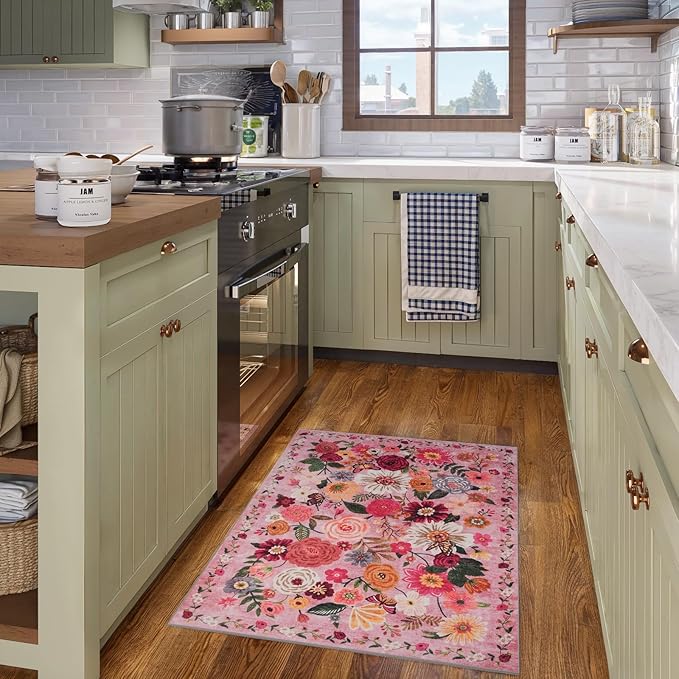 Pink Area Rugs 24x17 Inch Home Decor Entry Rug, Small Door Mat Bath Mats for Bathroom, Ultra-Thin Non Slip Floral Low Pile Tub Mat for Sink Shower Doorway Tub Kitchen Sink(2 x 1.4, Pink Garden)