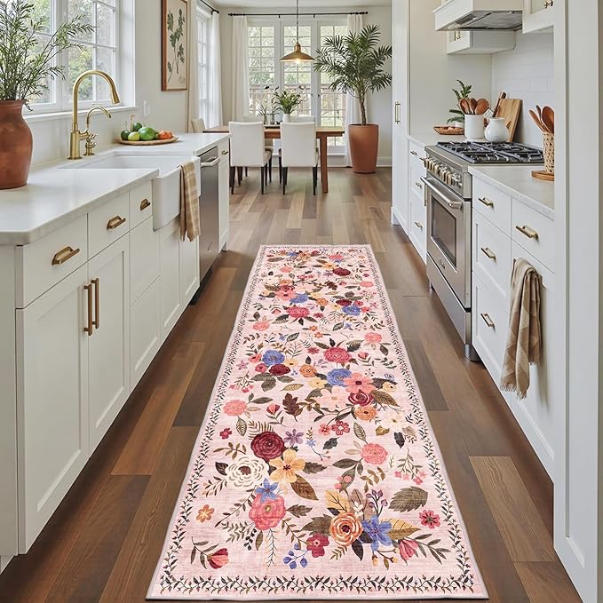 Rug for Hallways Beige Kitchen Rug 2x8, Non Slip Washable Rugs with Rubber Backing Soft Floral Carpet Runner for Hallways, Kitchen, Laundry, Bedroom, Bathroom (2 x 8, Beige/Pink Lawn)