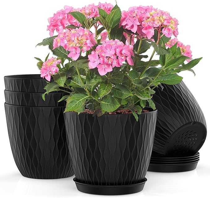 Flower Pots Outdoor Clearance 6 inch Set of 5 Succulent Planters for Indoor Plants Garden Home Holiday, Plastic Nursery Pots for Plants with Drainage Holes and Saucer, Modern Plant Pot Black