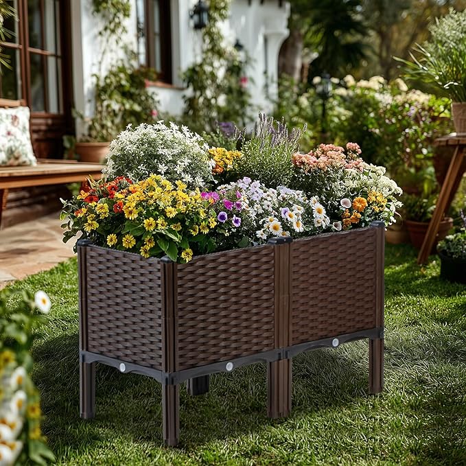 Rattan Raised Garden Bed with Legs-Rectangular Elevated Deep Planters for Outdoor Plants, Self Watering Planter Box 32"L x 16"W x 20"H, Rectangular Deep Garden Bed for Vegetables, Flowers, Herbs