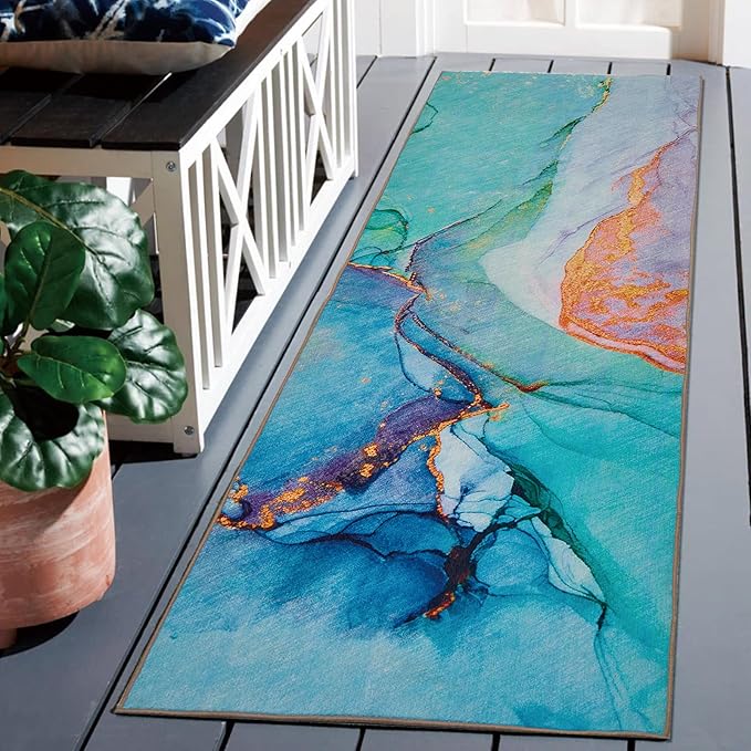 2.3' x 7.5' Washable Indoor Outdoor Teal Runner Rug for Hallway, Kitchen, Stain Resistant, Easy Clean, Modern Runner Rug for Indoor/Outdoor Patio, Deck, Kitchen, Hallway, Bathroom