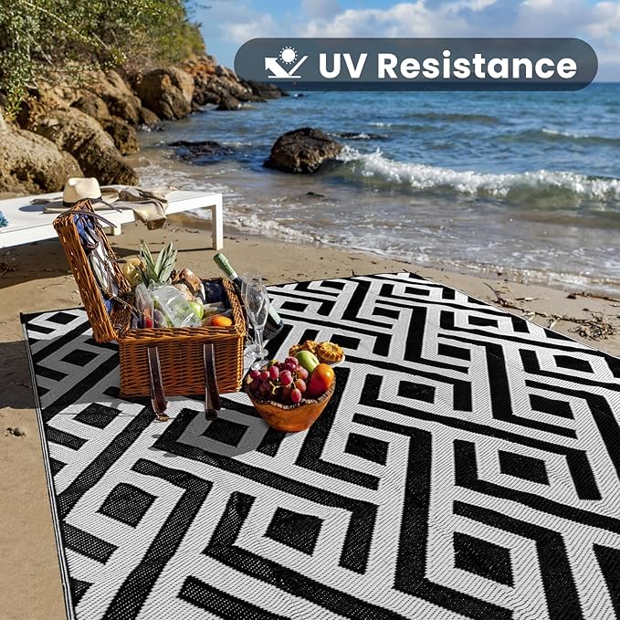 6x9 Outdoor Patio Rug with Carry Bag, Waterproof Outdoor Plastic Straw Rug RV Camping Rug, Reversible Picnic Mat Outside Carpet for Backyard, Porch, Balcony, Deck, Black & Light Grey