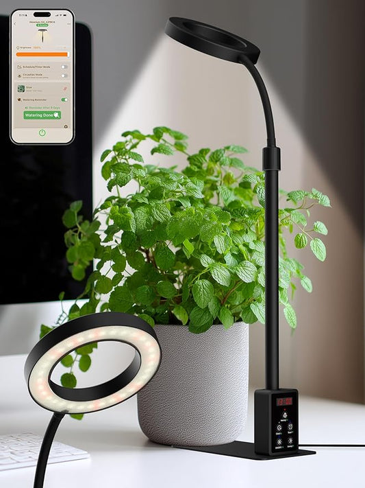 Smart Grow Lights for Indoor Plants, Plant Light with Auto-Timer, Full Spectrum LED Grow Light, Adjustable Height & Stepless Dimming,Plant Assistant Suitable for Most Plants (Black, 8W)