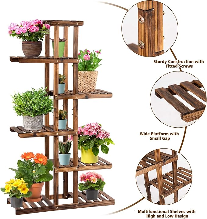 Giantex Flower Rack Wood Plant Stand 7 Wood Shelves 11 Pots Bonsai Display Shelf Indoor Outdoor Yard Garden Patio Balcony Living Room Multifunctional Storage Rack Bookshelf W/Hollow-Out Rack