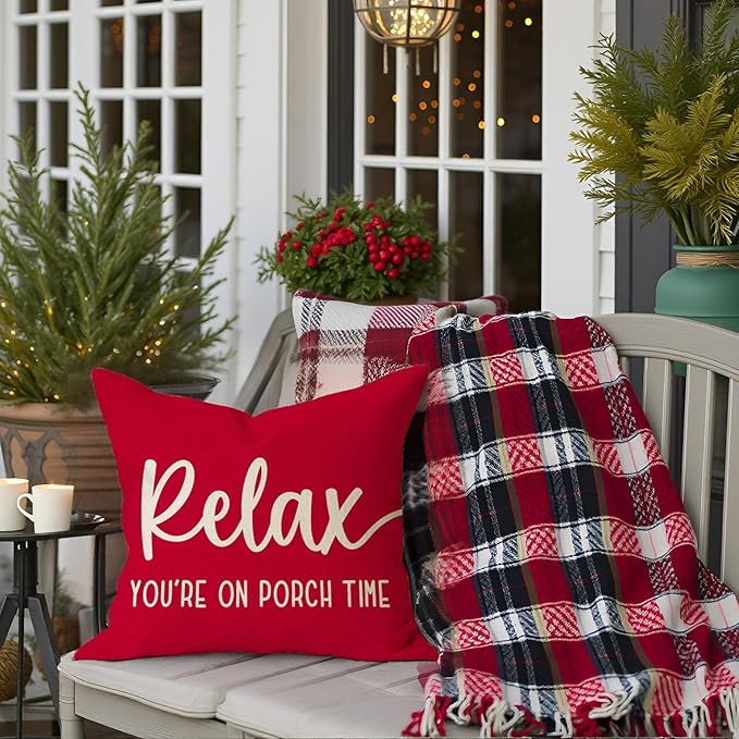 PANDICORN Decorative Throw Pillow Covers 18x18 Inch Relax Porch Time Red Outdoor Farmhouse Christmas Porch Decorations Decorative Throw Pillows Cases for Front Porch Patio Couch Bench Decor