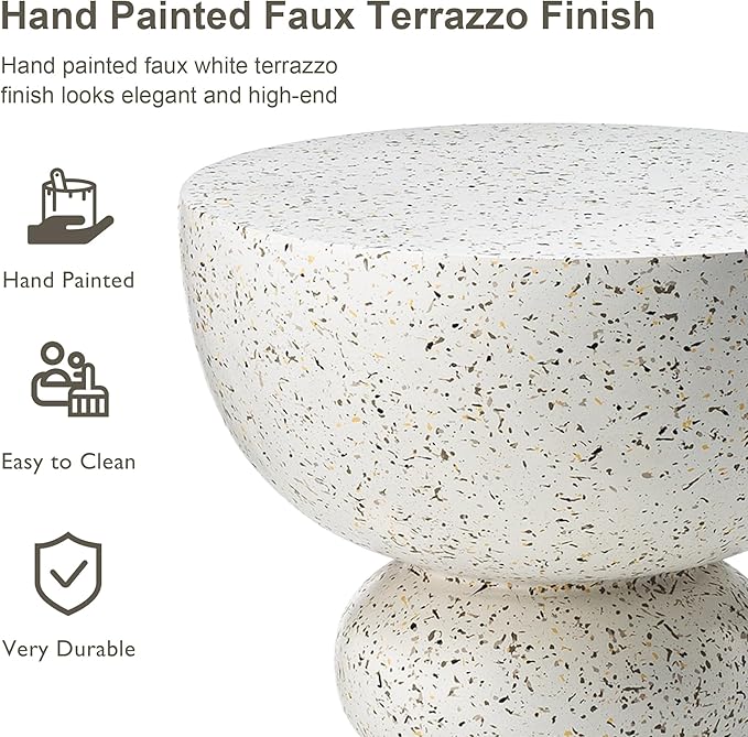 Glitzhome Outdoor Side Tables Set of 2, Heavy Duty Patio Sturdy Faux Terrazzo Decorative Garden Stool Planter Stand for Indoor Covered Outdoor, 17.25" H, Faux White