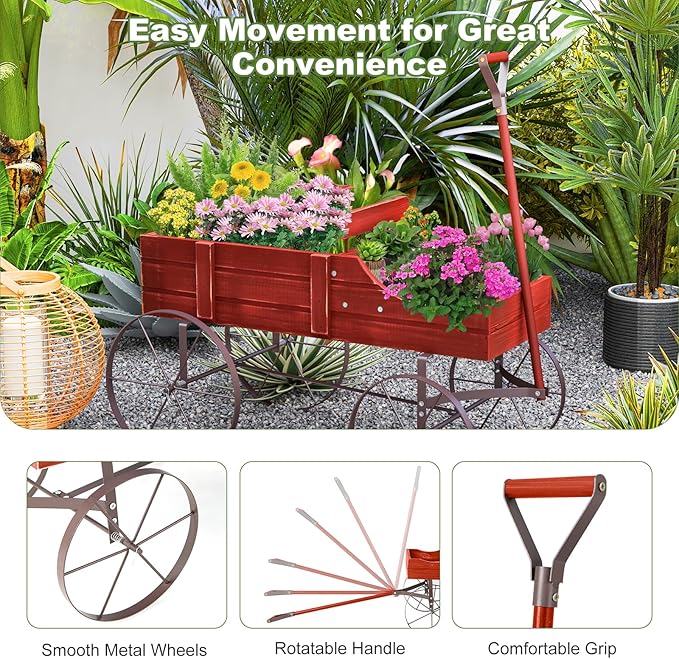 HAPPYGRILL Wooden Wagon Planter, 24.5” x 13.5” x 24” Decorative Garden Planter w/ 2 Planting Sections, Wheels, Handle, Small Decorated Cart, Flower Planter Box for Indoor Outdoor Patio (Red)