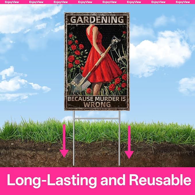 Funny Garden Sign with H Stake " GARDENING BECAUSE MURDER IS WRONG" 12"x18" Large Vintage Sign for Outside Greenhouse Corrugated Plastic Yard Decor Gardening Gifts for Women