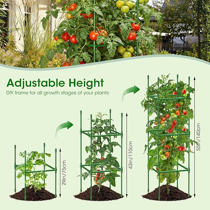 6 Pack Tomato Cages for Garden, Up to 55Inch Square Tomato Plant Cage, Upgraded Hexagon Connector, Heavy Duty Adjustable Tomato Stake Support for Garden Climbing Vegetables Flowers Fruits