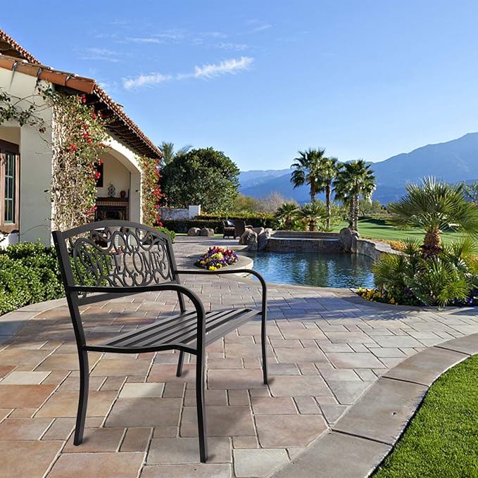 Outvita Outdoor Bench, 50" Metal Garden Bench Patio Park Furniture w/Warm Welcome Pattern & Plastic Backrest for Yard Entryway Deck Porch Black