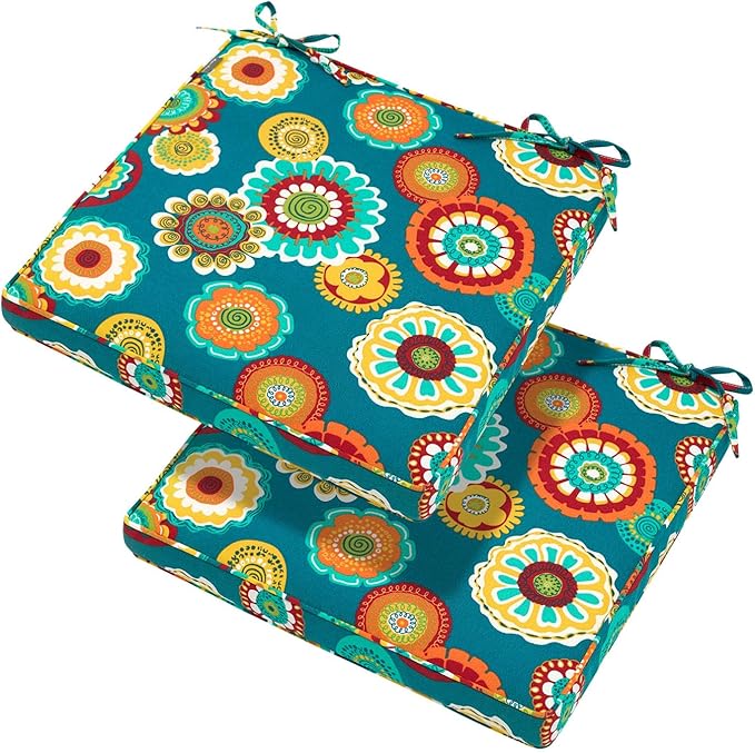 Magpie Fabrics Indoor Outdoor Waterproof Square Chair Cushion, 18" x 18" x 2.5", 2 Pack, Water Resistant Seat Cushions, for Patio Garden Office, Floral Green