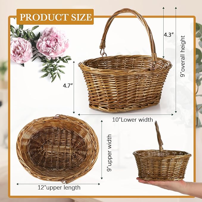 Barydat 6 Pcs Small Wicker Picnic Basket with Handle Flower Girl Baskets Oval Willow Woven Braided Gift Basket for Easter Weddings Baby Shower Home Garden Decor (Brown,12'' x 9'' x 5'')