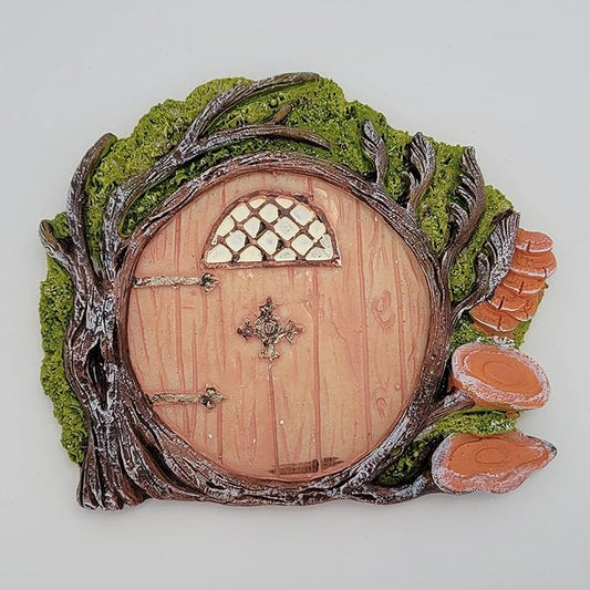 Fairy Garden Door, Resin Miniature 4-inch Round Faux Door for Trees, Gardens, and Terrariums with Moss and Mushroom Accents