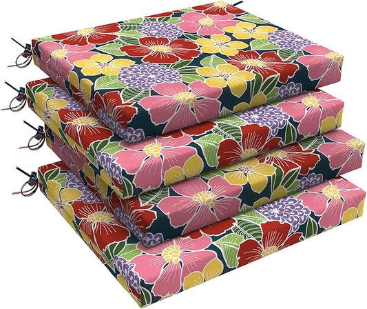 LVTXIII Outdoor Chair Cushions 18.5"x16"x2" Pack of 4, Water-Repellent Square Corner Memory Foam Seat Cushions with Ties for Garden Patio Furniture, Flower Bloom