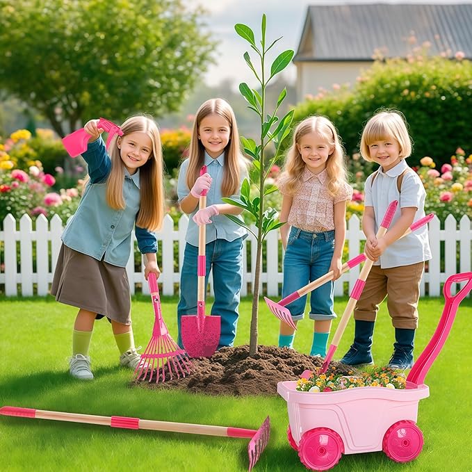 Duckura Kids Gardening Tools Set - 7pcs Wheelbarrow Set for Kids with Shovel, Rake, Leaf Rake, Summer Outdoor Yard Digging Weed Toys, Easter Birthday Gifts for Boys Girls Age 2 3+ Years Old(Pink)