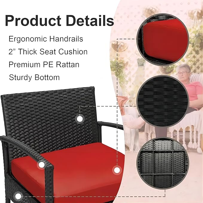PROHIKER 3 PCS Patio Rattan Conversation Chairs Set, Outdoor Patio Furniture Balcony Furniture Set, Wicker Patio Bistro Set for Garden Porch Balcony Yard, Red