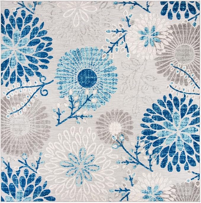 SAFAVIEH Washable Rug Outdoor Cabana Collection - 4' Square, Grey & Blue, Non-Shedding & Easy to Clean, Ideal for Patio, Backyard, Mudroom (CBN832F)
