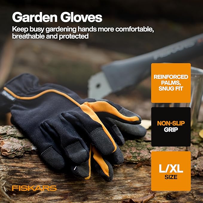 Fiskars Potting 4-Piece Essentials Set, Bypass Pruner, Trowel, Cultivator & L/XL Gloves for Indoor Gardening, Precision-Ground Steel Blades with Self-Cleaning Sap Groove, Rust-Proof FiberComp