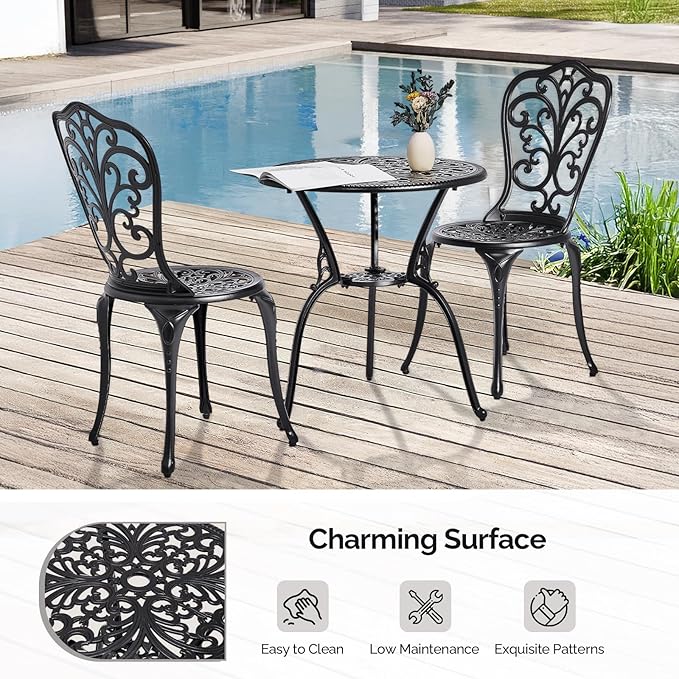 Outvita Patio Table and Chairs Set, Cast Aluminum Outdoor Cafe Table and Chairs Set of 3, Stability Patio Bistro Sets with Umbrella Hole for Garden, Patio, Balcony, Butterfly Pattern Black