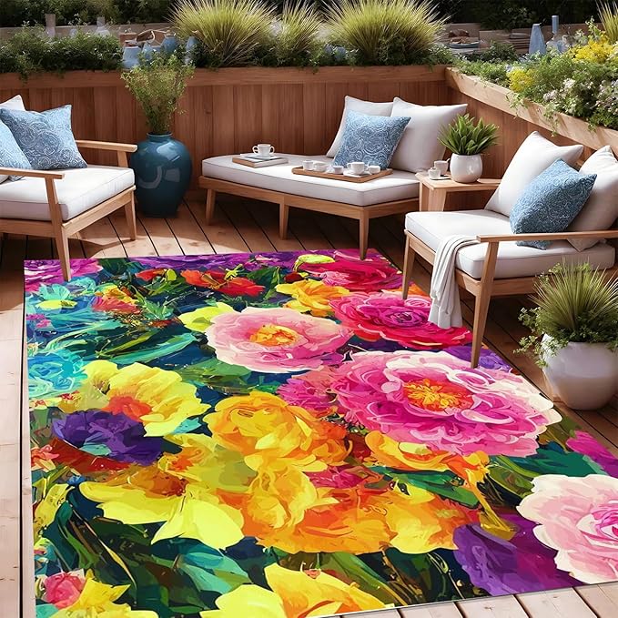 Vibrant Floral Yellow Green Outdoor Rug Modern Contempporary Art Deco Washable Area Rug for Patio Porch Deck Balcony Waterproof Durable Backyard Carpet Cute Garden Large Rugs 2x3