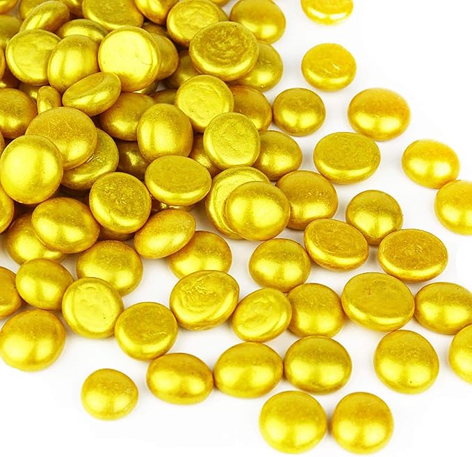 CYS EXCEL Gold Glass Gemstone Beads Vase Fillers (2 LBS) Flat Marble Beads Multiple Color Choices Aquarium Decor Rocks Floral Stones Decorative Mosaic Glass Gem Pebbles