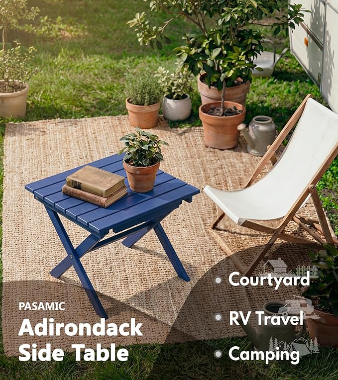 PASAMIC Folding Outdoor Side Table, HDPE Adirondack Patio End Table, Portable, No Assembly, Weather-Resistant for Camping, RV, Poolside, Garden, Indoor & Outdoor Use (Blue)