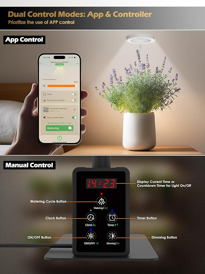 Smart Grow Lights for Indoor Plants, Plant Light with Auto-Timer, Full Spectrum LED Grow Light, Adjustable Height & Stepless Dimming,Plant Assistant Suitable for Most Plants (Black, 12W)