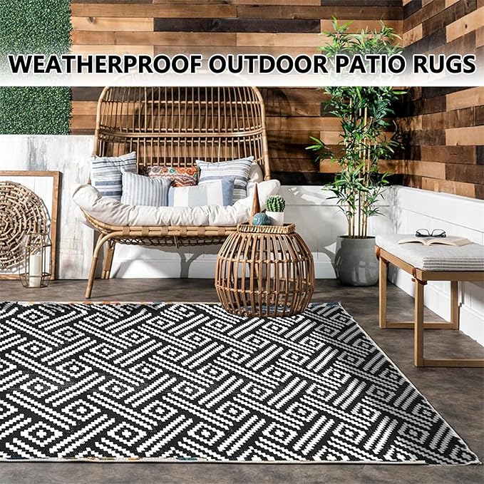 Outdoor Rugs for Patio Furniture, Balcony Rugs Outdoor Apartment 4x6, Washable and Stainproof Outdoor Rug for Small Patio Balcony 3x5 Geometric Outside Carpet Picnic Camping Mat