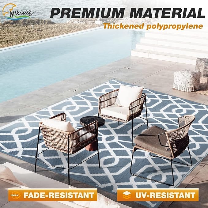 wikiwiki Outdoor Rug, 8x10ft Waterproof Reversible Mat Indoor Outdoor Rugs Carpet, Small Area Rug Plastic Straw Rug for Patio Deck Balcony Pool RV Camping Beach Picnic, Grey, Rugscape Series