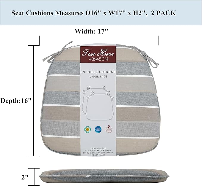 FUNHOME 17"x16"x2" Outdoor Chair Cushions Set of 4, Water Resistant Patio Chair Pads with Ties, Seat Cushions for Home Garden Furniture Decoration-Grey Stripe
