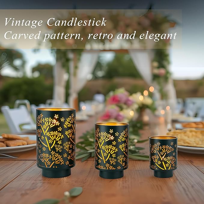 JHY DESIGN Set of 3 Metal Candle Holders 7.5“H Green Hurricane Pillar Candleholder Vintage Table Candlestick Holders Great Centerpieces for Home Decor Wedding Parties Events