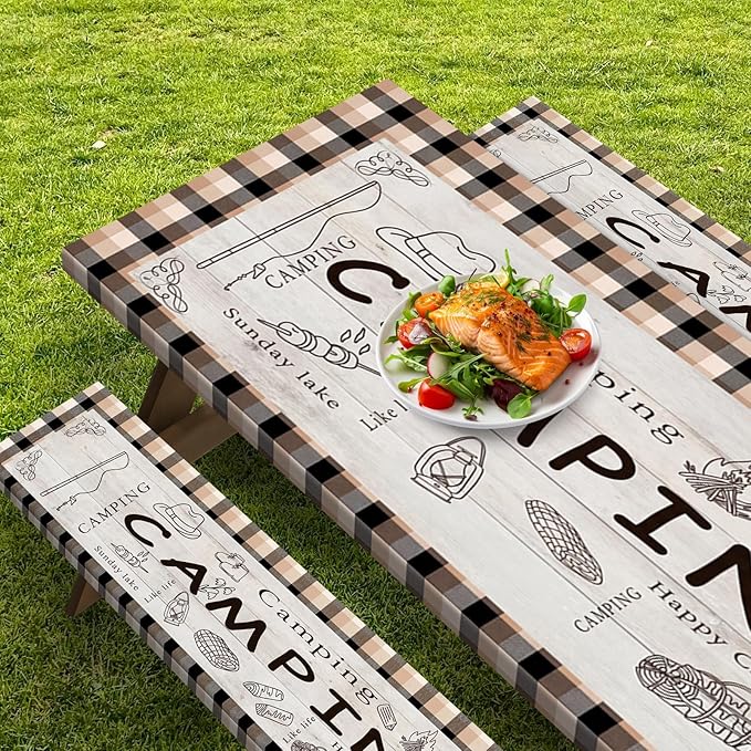 Picnic Table Cover with Bench Covers Elastic Edges, Green Camper Fitted Table Cover, Outdoor Patio Camping Essentials 72 Inch 3PCS, Waterproof Camping Fitted Tablecloth with Drawstring Bag
