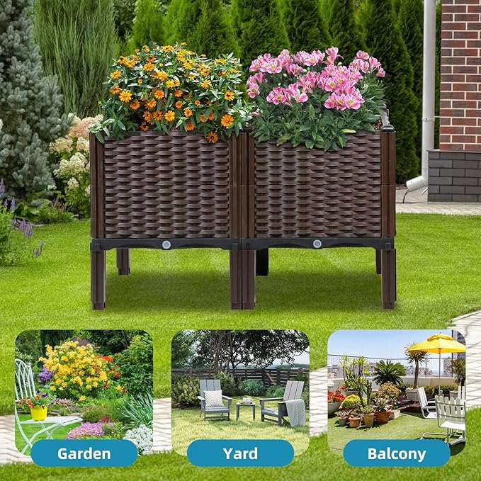 Rattan Raised Garden Bed with Legs-Rectangular Elevated Deep Planters for Outdoor Plants, Self Watering Planter Box 32"L x 16"W x 20"H, Rectangular Deep Garden Bed for Vegetables, Flowers, Herbs