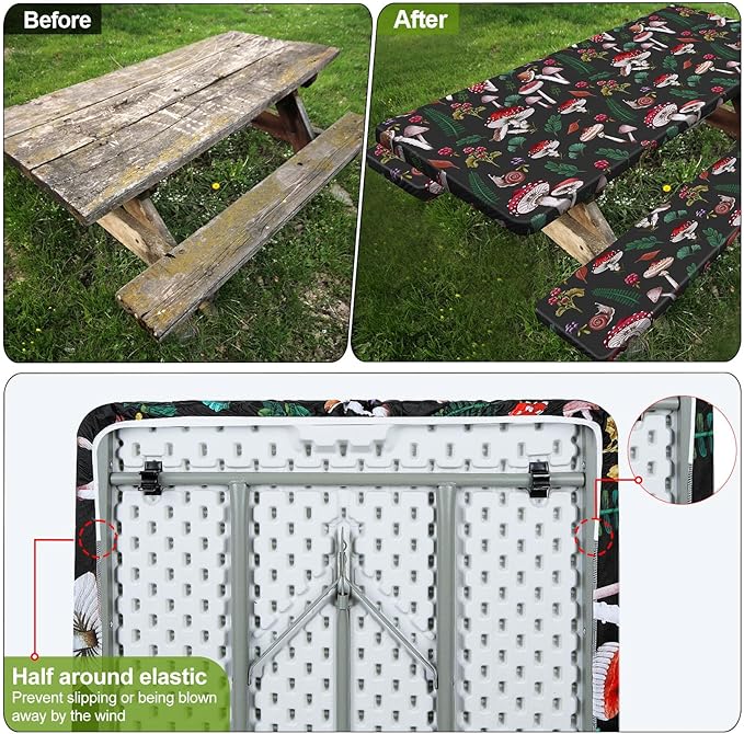 Picnic Table Cover with Bench Covers 6FT 3 Pcs Waterproof Windproof Aesthetic Camping Tablecloth with Drawstring Bag, Fitted for 6 Foot Rectangle Tables and Seats, 72 inch, Black Green Red