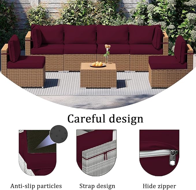 14 Pieces Outdoor Sectional Replacement Cushions for Patio Furniture, 4in Thick Outdoor Sofa Cushions for 6 Seat, Waterproof Deep Seat Couch Patio Cushions Set (Wine red)