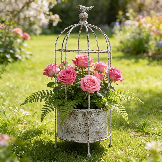 Rustic Iron Birdcage Planter Stand Vintage Metal Planter Holder Distressed Decorative Flower Pot with Latch Lock Closure for Climbing Plants Garden Patio Balcony Outdoor Indoor Decor (styel#2)