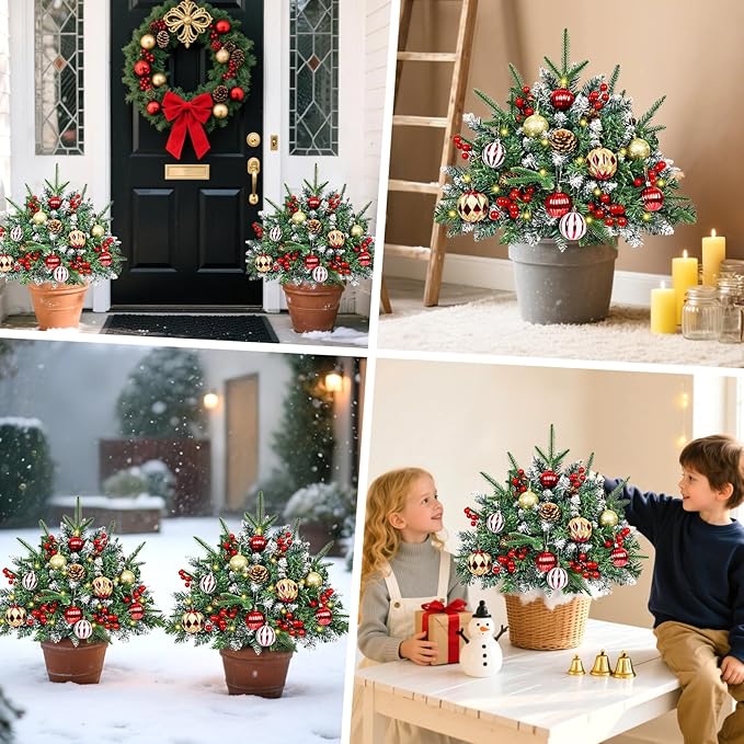 2 Pack Christmas Urn Filler, 24" Prelit Planter Bushes Outdoor Christmas Tree with 50 LED Lights, Pine Cones, Red Berries & Christmas Balls for Front Porch Pathway Yard Decorations
