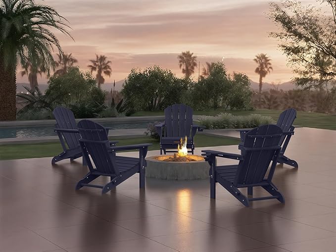 Ciokea Folding Adirondack Chair Wood Texture, Patio Adirondack Chair Weather Resistant, Plastic Fire Pit Chair with Cup Holder, Lawn Chair for Outdoor Porch Garden Backyard Deck, Dary Navy Blue