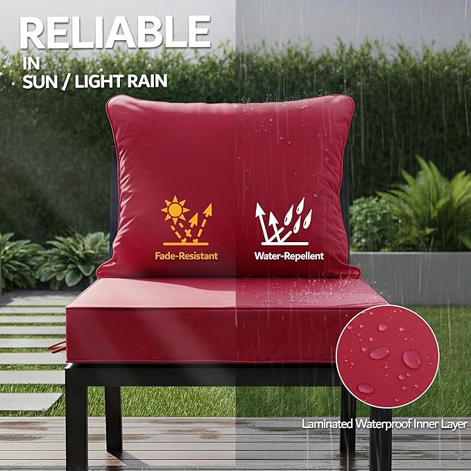 24x24 Inch Outdoor Chair Cushions Set of 4, Patio Furniture Cushions - Removable Cover, Water-Repellent, Fade-Resistant, Non-Slip Bottom & Straps, Replacement for Deep Seat Sofa & Couch - Burgundy