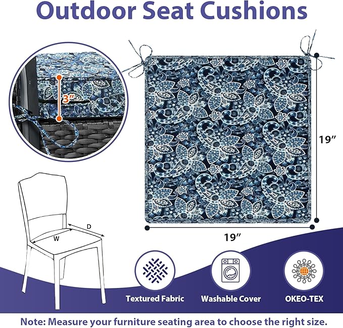 Outdoor Chair Cushions Set of 4,Waterproof Outdoor Seat Cushions for Patio Furniture,Patio Chair Cushion with Handle and Ties, Out Door Chair Pads,19" x 19" x 3", Green Paisley