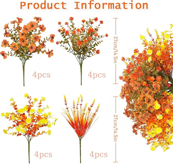 16 Bundles Fall Artificial Flowers for Outdoor, No Fade Faux Autumn Plants with Daisy Camellia Eucalyptus Lavender Stems for Front Door Porch Patio Yard Balcony Autumn Decor Thanksgiving Table