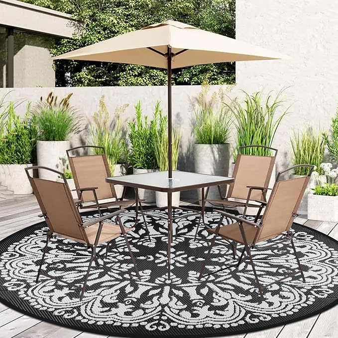 Homcomoda Round Outdoor Patio Rug 8Ft Waterproof Indoor Outdoor Area Rug Black Clearance Reversible Straw Rug for Porch Garden Deck Backyard Balcony
